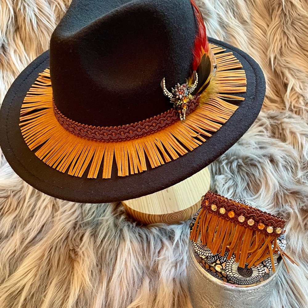 Black Fringed Hat w/ Crystal Detail & Matching Fringed Wrist Cuff